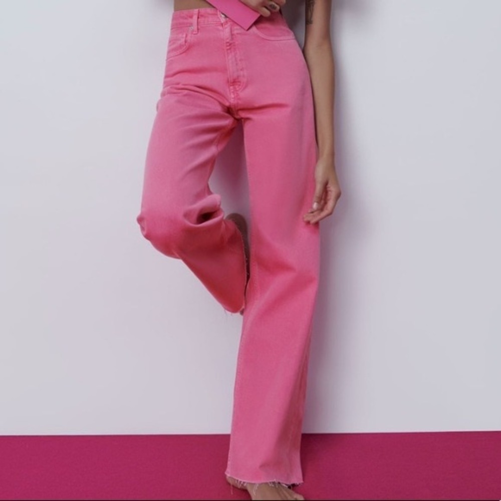 Zara Wide Leg High Rise Pink Jeans size 10
